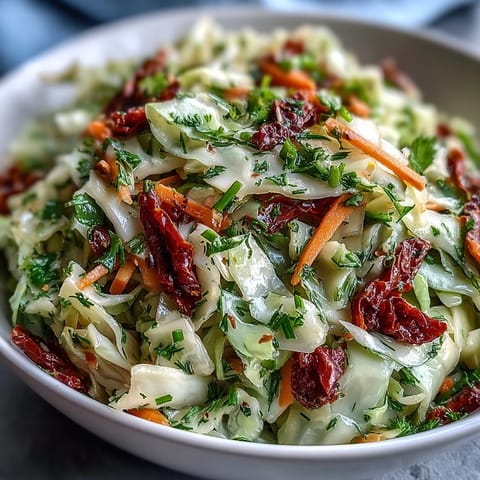Healthy Cabbage Salad With Sundried Tomatoes topped with fresh herbs and julienned carrots, ready to eat.
