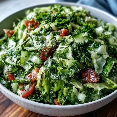 Fresh Lebanese Cabbage Salad tossed with diced tomato and cucumber, green onions and herbs visible, ready to chill for a refreshing bite.