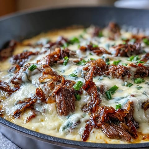 A hot, creamy party dip featuring shaved ribeye, sautéed peppers and onions.