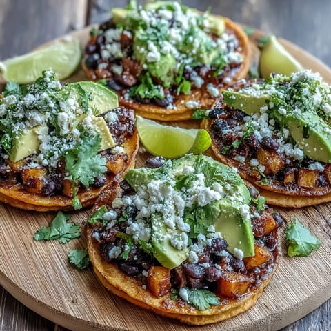 Black Bean and Sweet Potato Tostadas topped with crumbled feta, fresh cilantro, and corn for a vibrant, Mexican-inspired meal.
