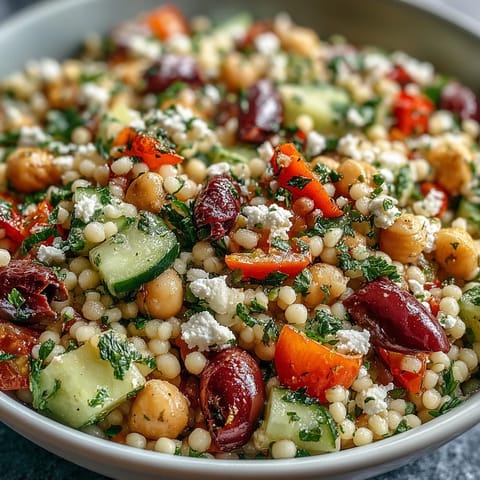 A bowl of Mediterranean Pearl Couscous with cucumbers, tomatoes, and olives offers a refreshing, crunchy, and savory lunch.