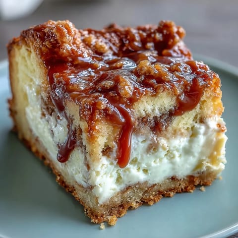 A close-up slice of Caramel Cream Cheese Bread revealing a creamy cheesecake center and gooey caramel ribbon on a white plate.