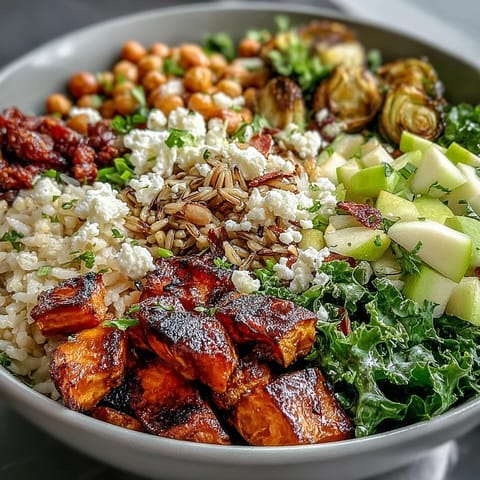 Roasted sweet potatoes and crispy chickpeas top this vibrant Fall Harvest Bowl with kale and wild rice.