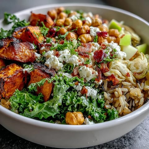 Fall Harvest Bowl served warm with toasted almonds, crumbled feta, and a drizzle of tangy dressing.