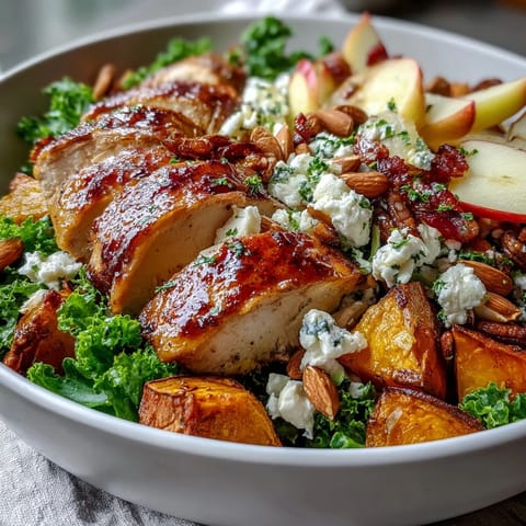 Sliced chicken, creamy goat cheese, and toasted almonds garnish a Fall Sweet Potato Harvest Bowl on a rustic table.