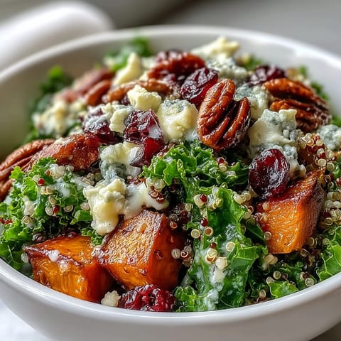 Vibrant kale, toasted pecans, and sweet cranberries top a warm Harvest Kale Quinoa Bowl, finished with tangy blue cheese crumbles.
