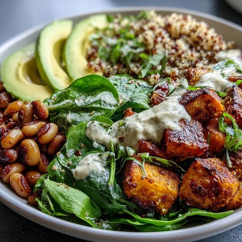 A fully assembled Black-Eyed Pea Buddha Bowl with sliced avocado and a creamy tahini drizzle. 
