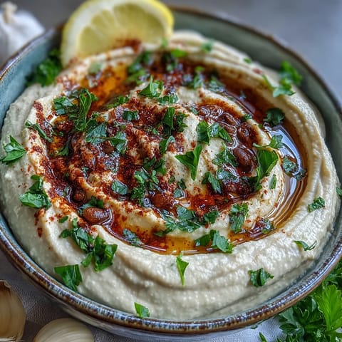 A bowl of protein-rich Black-Eyed Pea Hummus garnished with parsley, ready for dipping with gluten-free crackers.