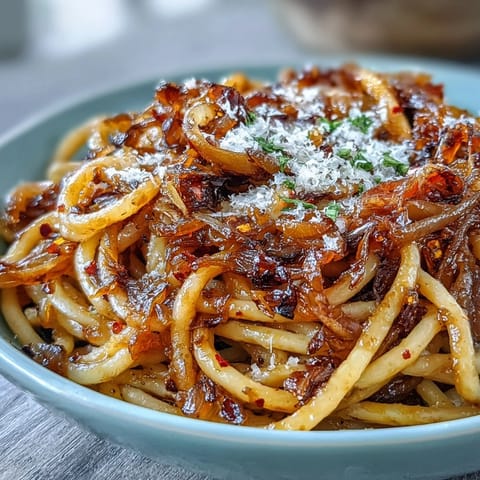 Al dente penne pasta coated in fragrant chili oil and rich caramelized onions, topped with fresh basil for an easy weeknight vegetarian dinner.