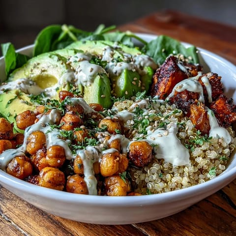 A vibrant Anti-Inflammatory Glow Bowl with Tahini Yogurt features fresh avocado and baby spinach, perfect for a nourishing vegetarian dinner.