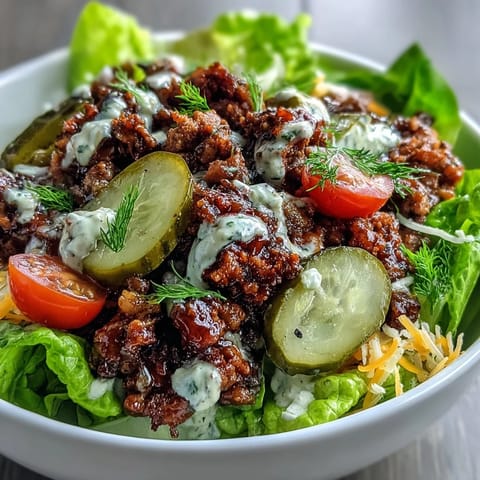 A homemade tangy burger sauce is drizzled over these High-Protein Cheeseburger Bowls, featuring halved cherry tomatoes and thinly sliced red onion for a classic flavor.