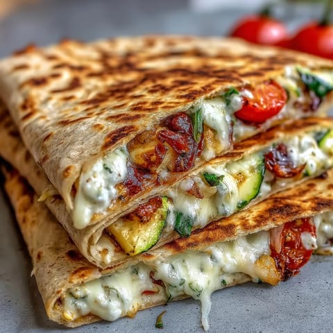 Smoky grilled vegetables spilling out of crispy whole wheat tortilla wedges.