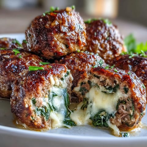 Baked spinach garlic meatballs on a rustic platter, revealing a tender green-flecked interior and gooey cheese pull.