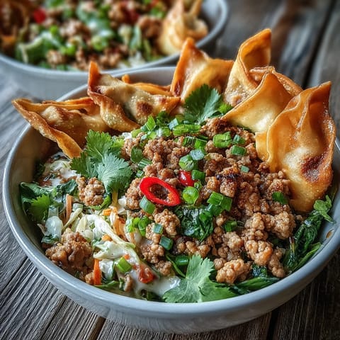 Ranch Turkey & Veggie Egg Roll Bowls served hot in a white bowl with vibrant red cabbage and bell pepper.