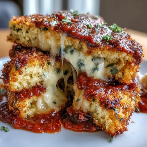 Crispy Tofu Chicken Parm Bakes fresh from the oven, featuring golden-brown, Asiago-crusted slabs generously layered with rich marinara and melted mozzarella, bubbling and stringy for the perfect vegetarian weeknight dinner.