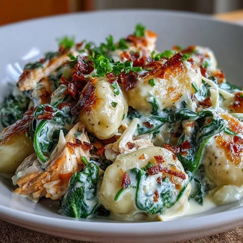 Fork-tender gnocchi and shredded chicken tossed in a garlicky Parmesan cream sauce in a skillet.
