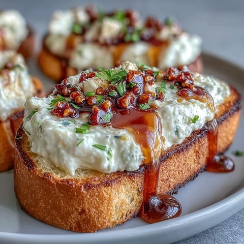 Fresh basil garnishes this delicious Hot Honey Ricotta Bruschetta, featuring toasted bread, smooth ricotta, and a sweet heat drizzle, perfect for easy entertaining.