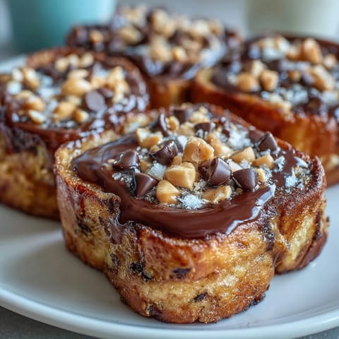 Sliced wedges of High-Protein Peanut Butter & Chocolate Baked French Toast are plated, showing a fluffy interior drizzled with maple syrup and topped with chopped peanuts.
