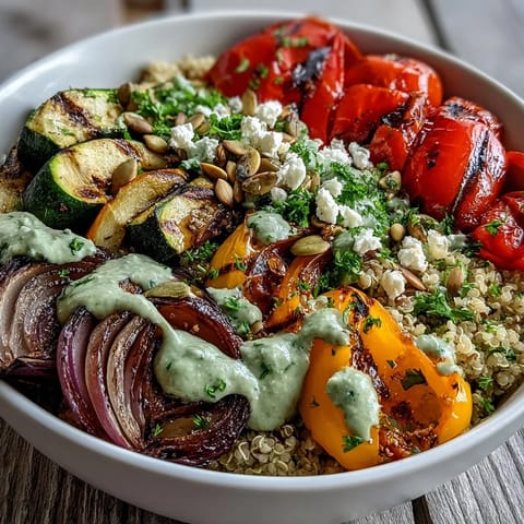 Parsley, feta, and toasted pepitas add texture and freshness to this Grilled Veggie and Quinoa Power Bowl.