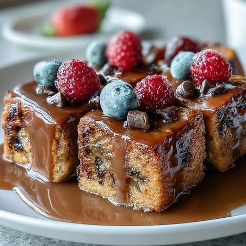 Freshly baked High-Protein Peanut Butter & Chocolate Baked French Toast in a white dish, showcasing rich cocoa and bread cubes.