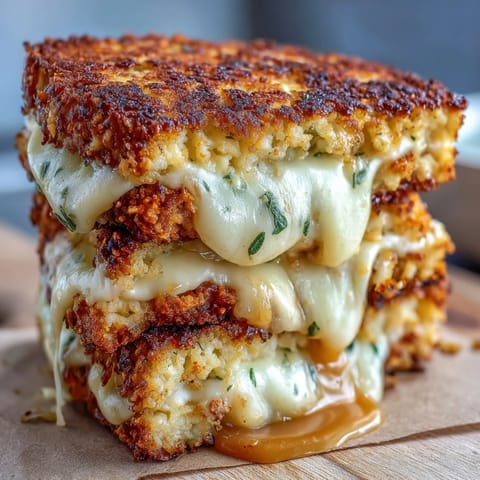 Golden toasted Keto Cheesy Cauliflower Bread Grilled Cheese sandwiches with gooey melted cheese oozing out.