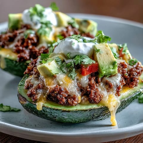 Keto Taco Stuffed Avocados topped with sour cream and fresh salsa, a low-carb Mexican-inspired meal.  