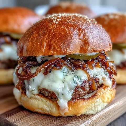 Mini Smash Burger Sliders with Caramelized Onions: Juicy, thin beef patties smashed and topped with sweet caramelized onions, melted cheese, and soft slider buns.  