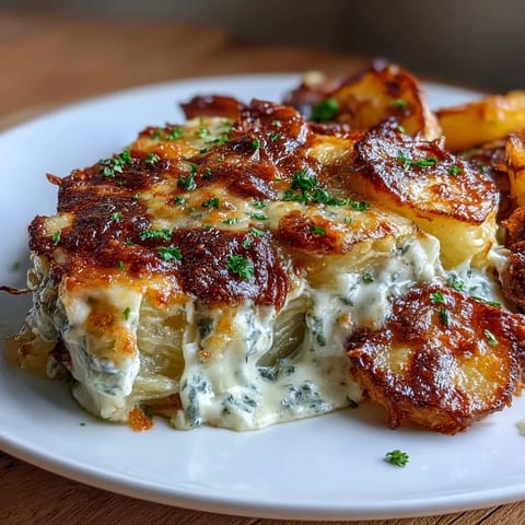 Golden, crispy smashed potatoes baked in a creamy cheese sauce with fresh herbs and a golden crust.  