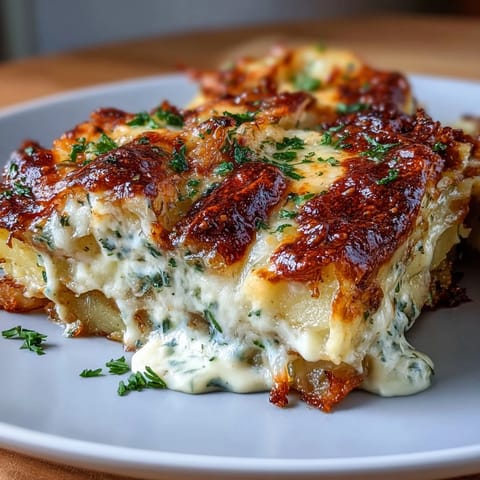 Decadent gratin with layers of tender smashed potatoes, rich cream, melted Gruyère, and fragrant thyme.  