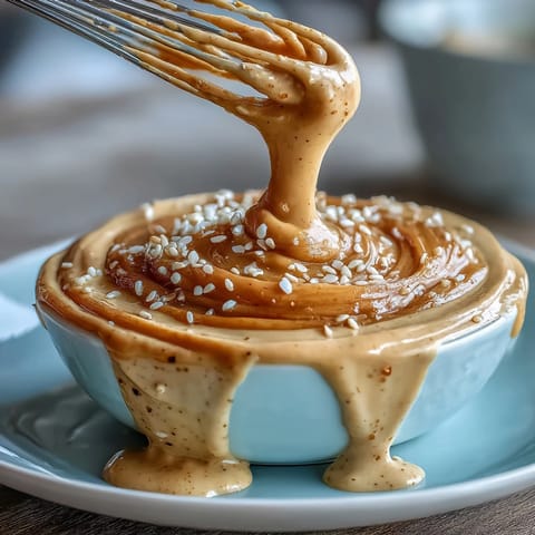 Creamy tahini dressing drizzled over fresh greens, infused with zesty lemon and savory garlic.  