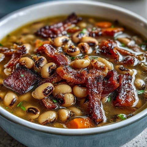 A steaming bowl of ham and black-eyed pea soup with tender vegetables and smoky ham chunks, perfect for New Year's or any cozy meal.
