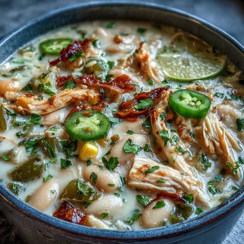 A steaming bowl of White Bean Chicken Chili topped with avocado slices and fresh cilantro.  
