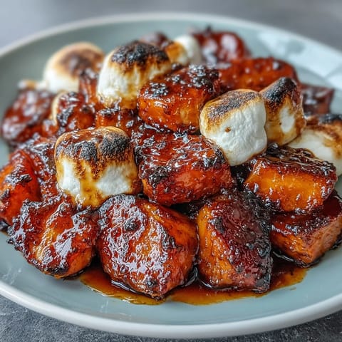 Golden candied yams topped with toasted marshmallows and a buttery vanilla glaze, perfect for holiday dinners.