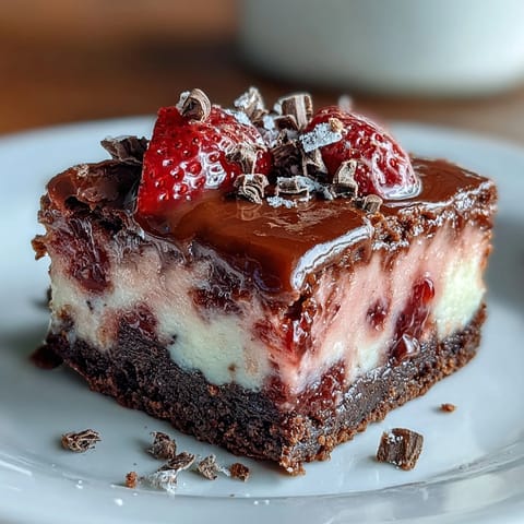 Decadent chocolate brownies swirled with creamy strawberry cheesecake, perfect for a romantic dessert.