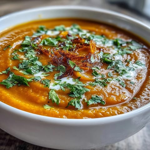 A bowl of vibrant orange carrot and ginger soup with swirls of creamy coconut milk and fresh coriander garnish.  