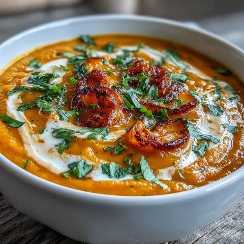 Silky carrot and orange soup with warming ginger, served in a white bowl with a drizzle of coconut milk and zest.  