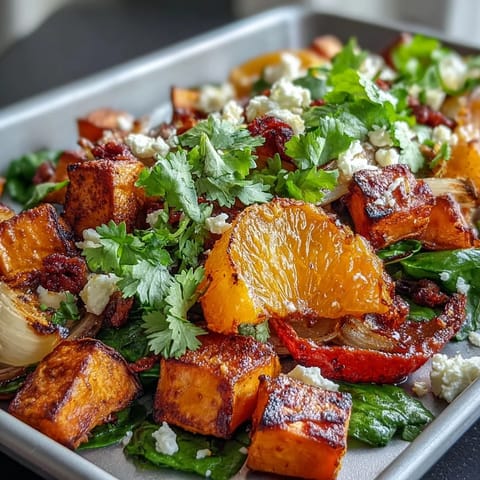 Sweet Potato and Orange Sheet Pan Breakfast Hash with roasted vegetables and citrus segments for a colorful, healthy morning meal.  