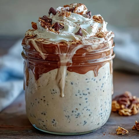 Vanilla Bean Frappuccino Overnight Oats with creamy vanilla and coffee layers, topped with whipped cream and chocolate chips.