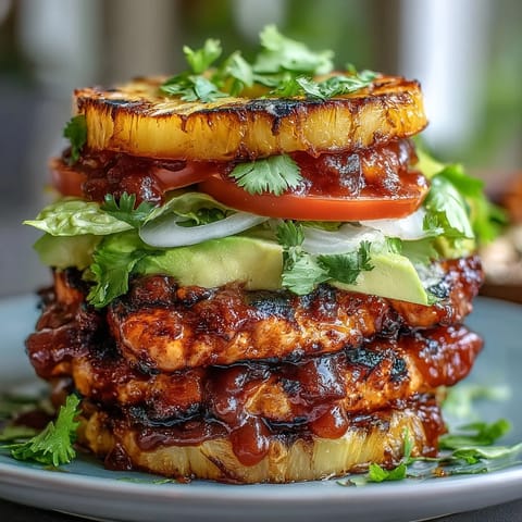 Juicy grilled chicken breasts stacked with caramelized pineapple, crisp lettuce, and fresh veggies for a flavorful, gluten-free burger alternative.