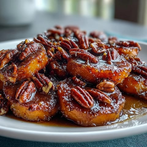 1. Candied yams with toasted pecans baked in a buttery brown sugar glaze, perfect for holiday dinners.  