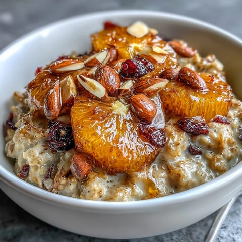 Warm bowl of candied orange oatmeal with cranberries and almonds, topped with sweet orange slices and crunchy toasted nuts.