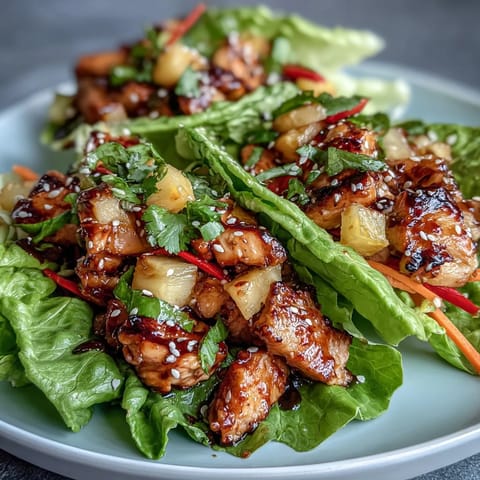 Crispy lettuce wraps filled with juicy teriyaki chicken, sweet pineapple chunks, and crunchy vegetables.