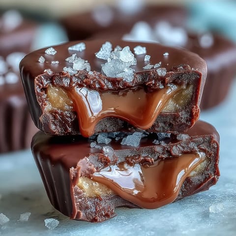 Rich chocolate cups filled with creamy peanut butter and gooey salted caramel, topped with a sprinkle of sea salt for balance.  