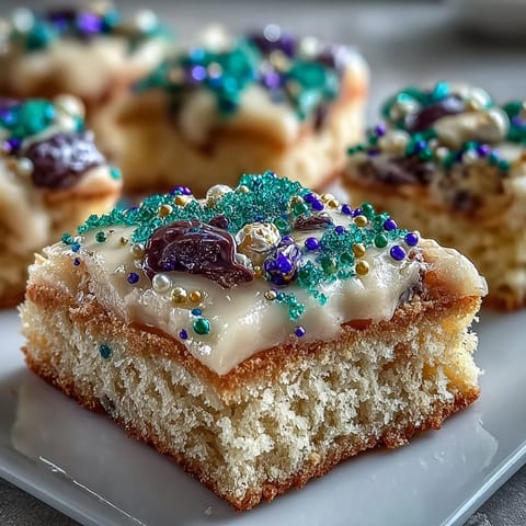 Colorful King Cake Sugar Cookie Bars topped with purple, green, and gold sprinkles for festive Mardi Gras parties.  
