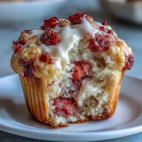 Strawberry Greek yogurt muffins with fresh berries and a golden crumb topping, ideal for breakfast or brunch.