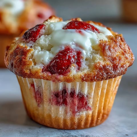 Fluffy strawberry muffins made with creamy Greek yogurt, bursting with juicy fruit in every bite.
