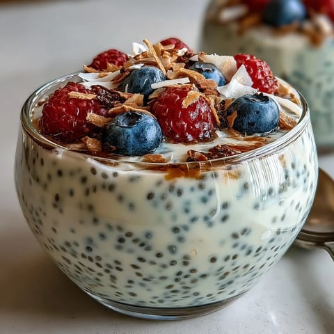 Fluffy Yogurt Chia Pudding with Vanilla Bean, topped with fresh berries and toasted coconut, a healthy and creamy breakfast treat.
