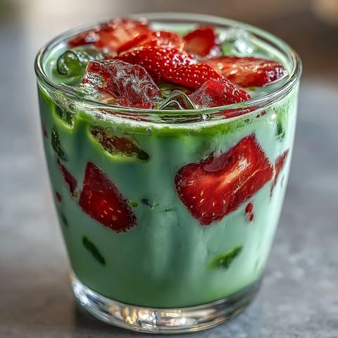A refreshing iced strawberry matcha latte with vibrant layers of strawberry puree, creamy milk, and earthy green tea, served over ice for a perfect summer treat.