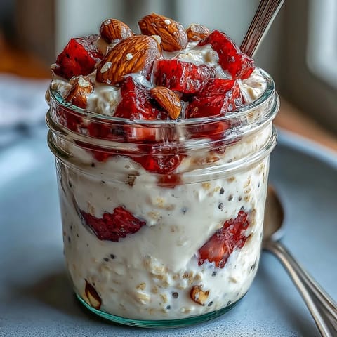 1. A jar of creamy strawberry protein overnight oats, layered with fresh strawberries and chia seeds for a nutritious breakfast.