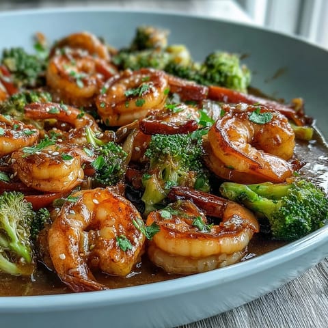 Colorful shrimp stir-fry with crisp bell peppers, broccoli, and carrots in a savory garlic-ginger sauce, garnished with sesame seeds.  